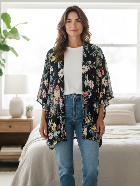 LOFT Tops - LOFT Navy Floral Open Kimono with Multicolor Blooms